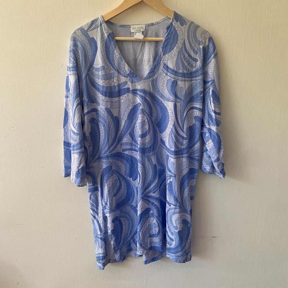 Sun Moda Tunic Top Womens Small Blue Tropical Resortwear‎ Made in USA Old Money